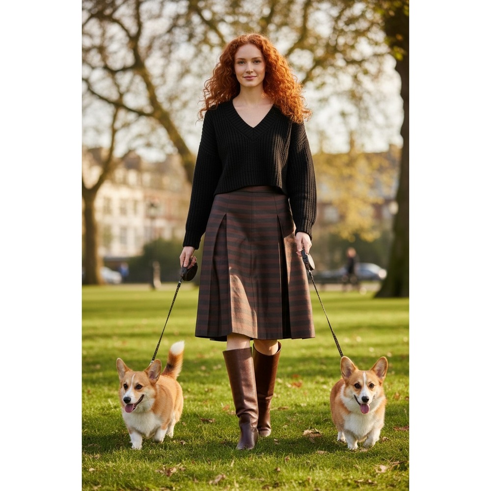 Halogen Brown & Black Striped Pleated  Midi‎ Skirt 6 Workwear Preppy British